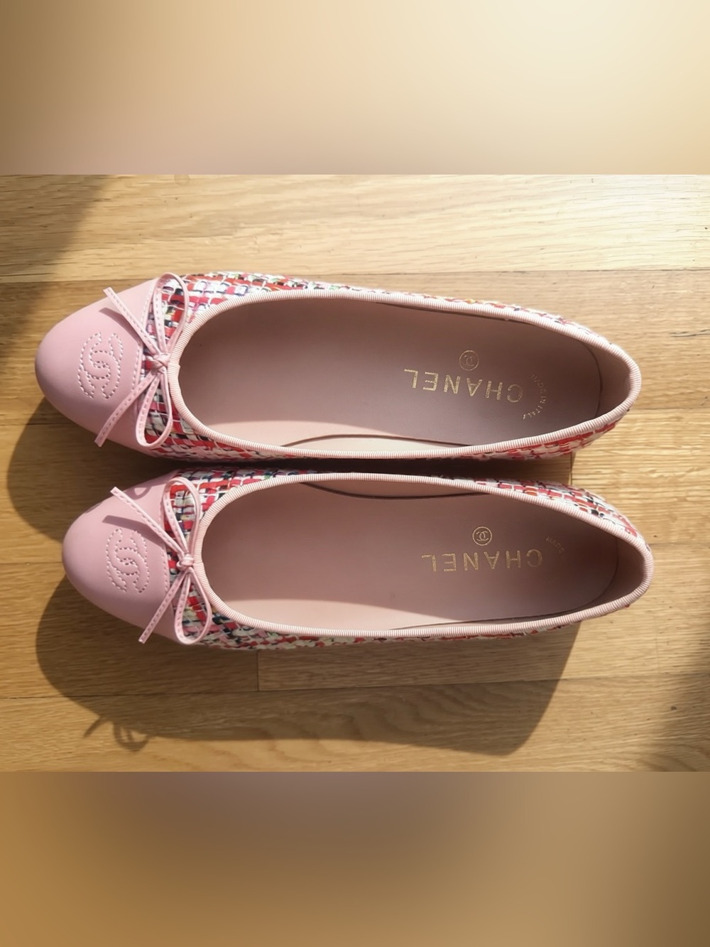 Chanel Pink Tweed and Leather Cap Toe CC Ballet Flats